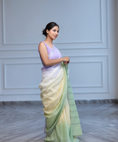 Mauve yellow green ombre linen zari saree