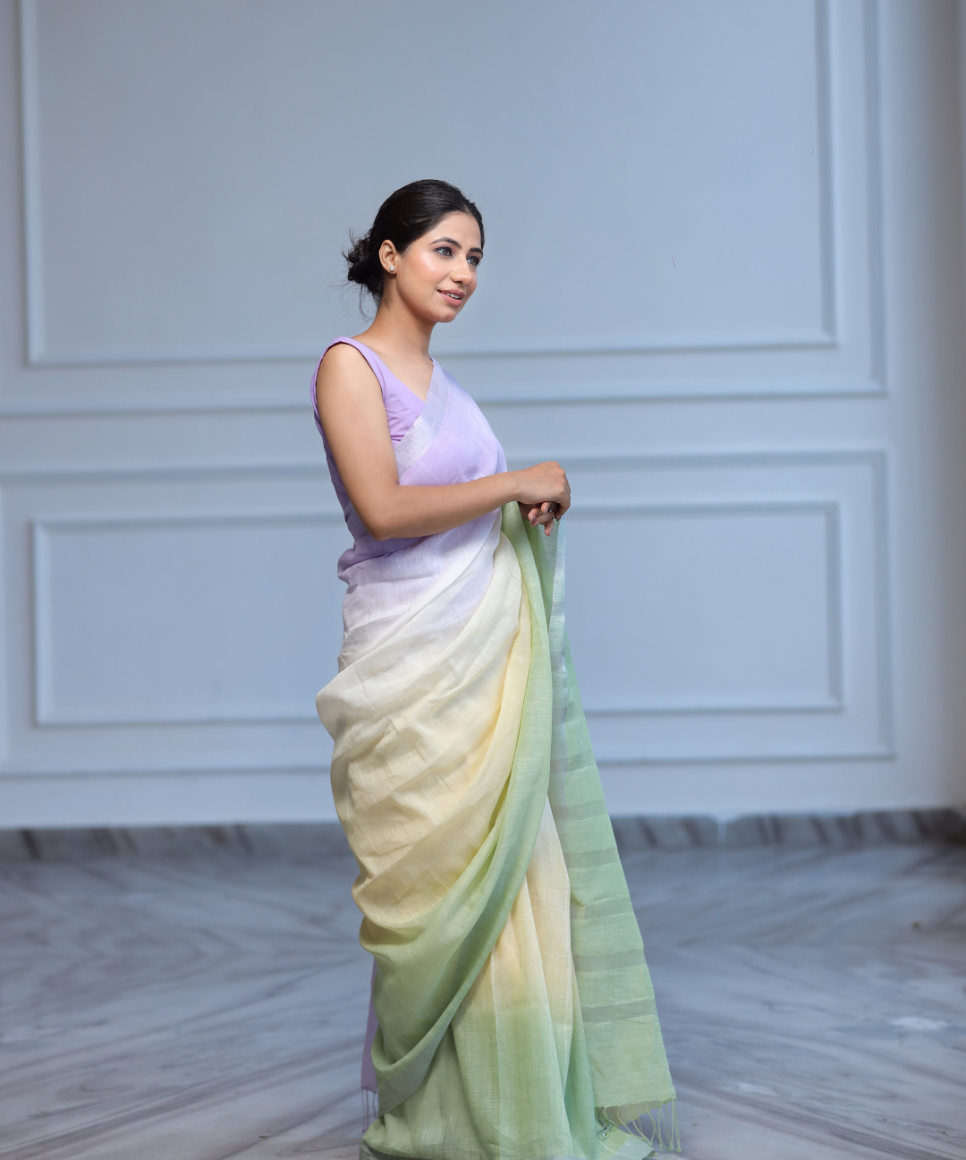 Mauve yellow green ombre linen zari saree