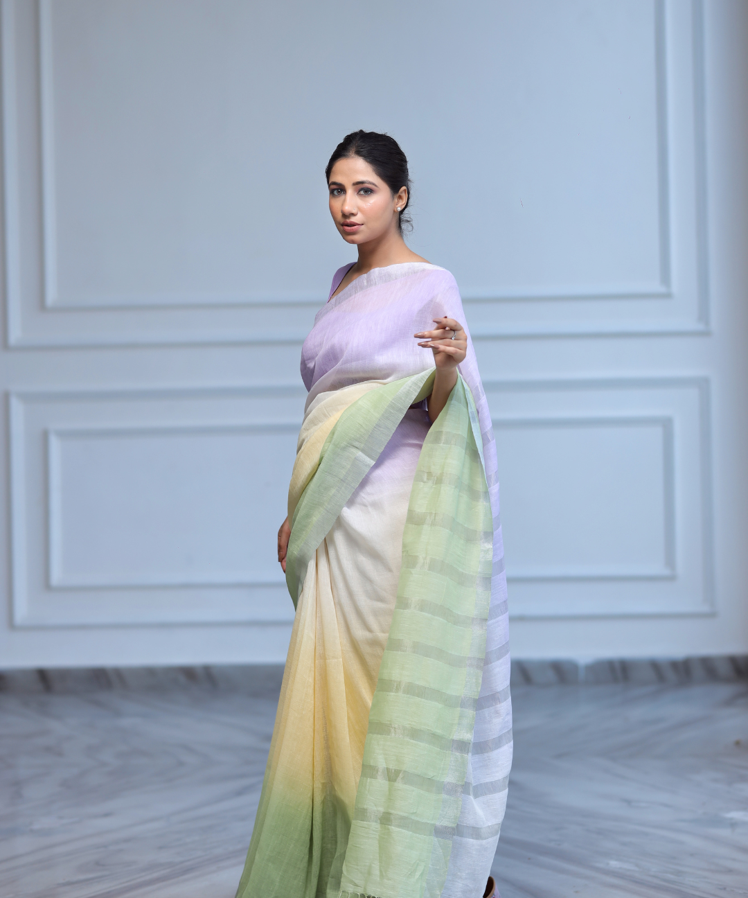Mauve yellow green ombre linen zari saree