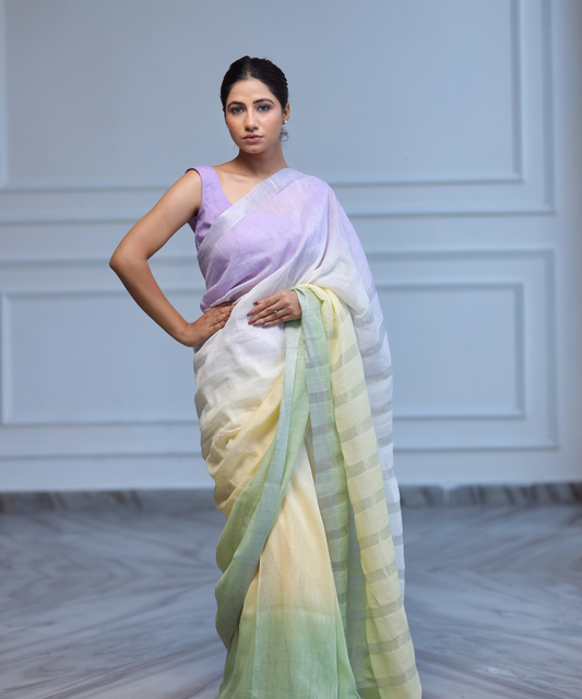 Mauve yellow green ombre linen zari saree