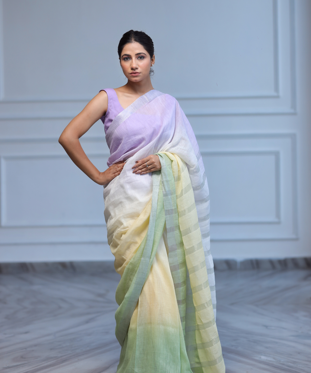 Mauve yellow green ombre linen zari saree