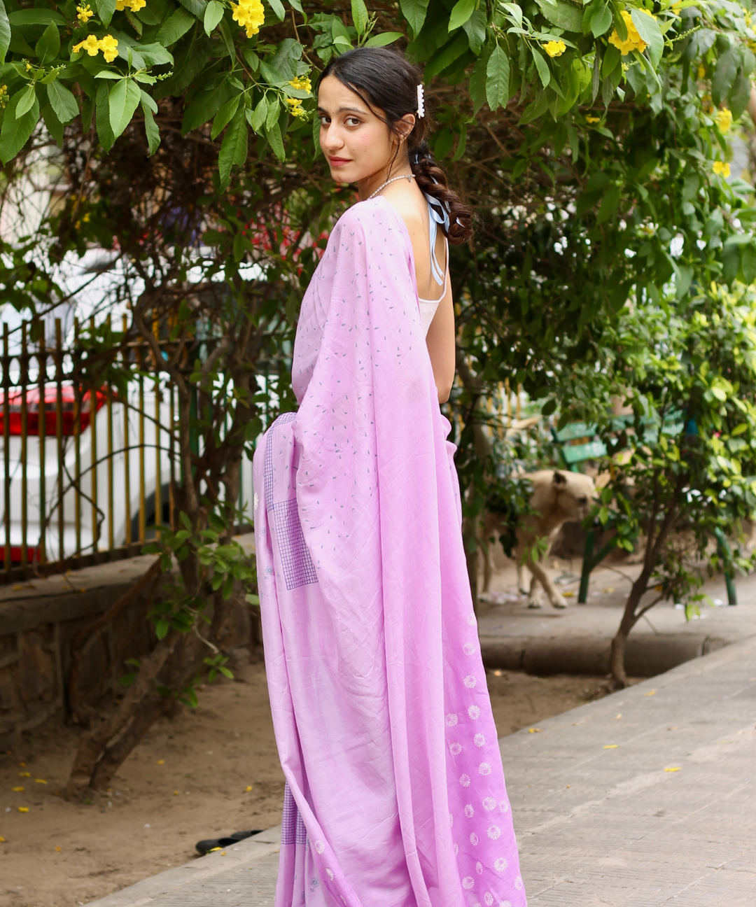 Lavender summer dew block printed mulmul saree