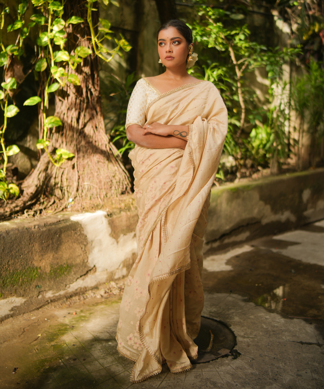 Beige blockprinted chanderi silk saree