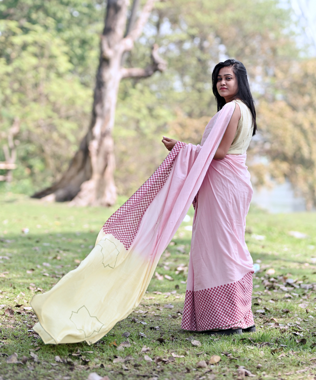 Pink yellow blockprinted khadi cotton saree