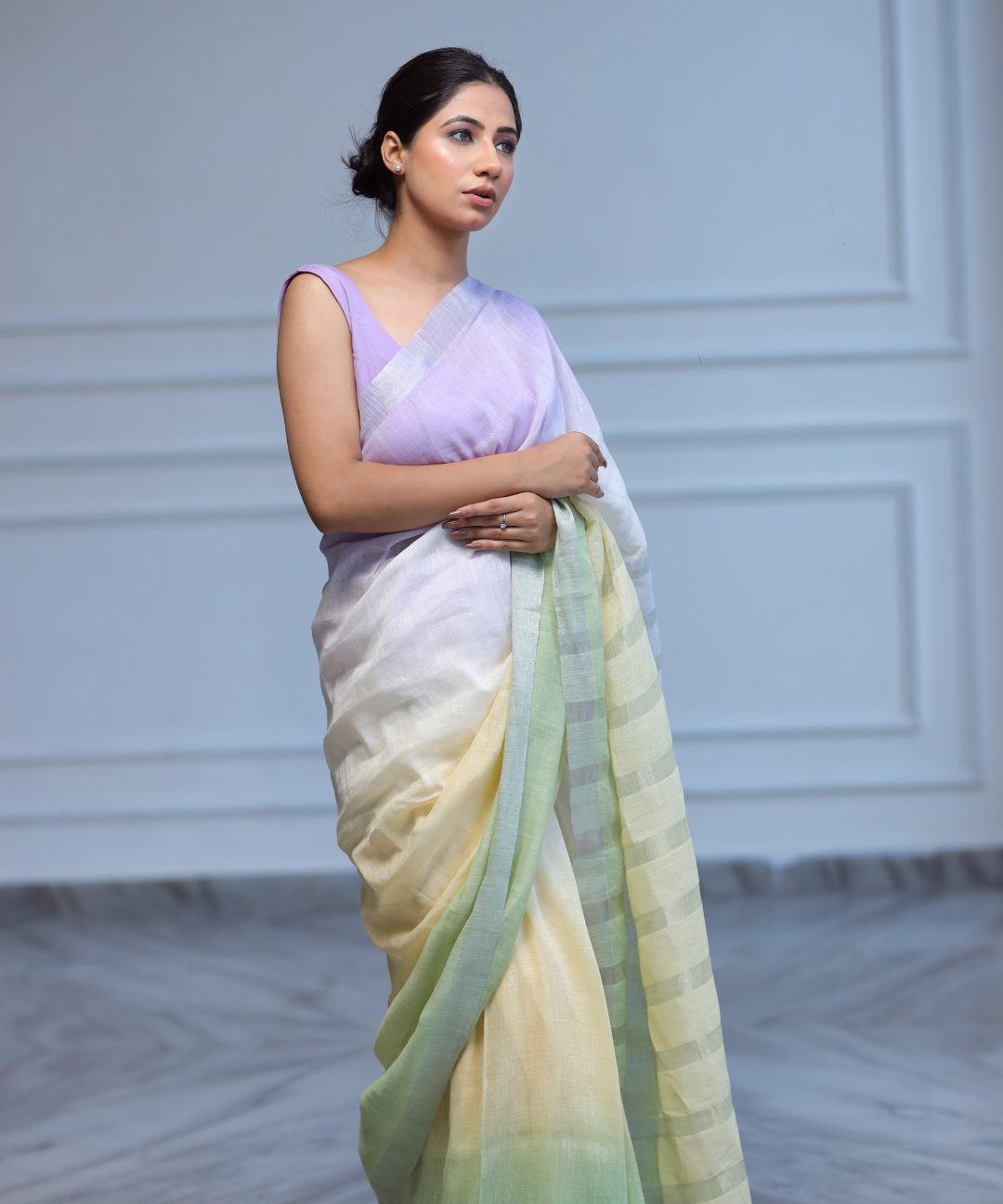 Mauve yellow green ombre linen zari saree