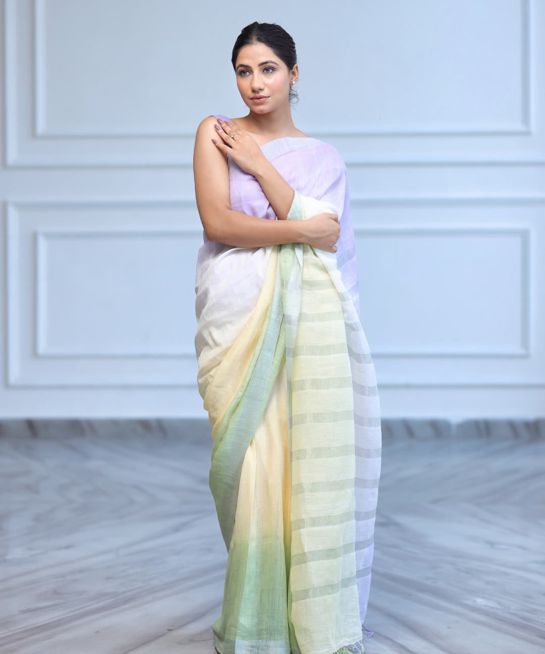 Mauve yellow green ombre linen zari saree