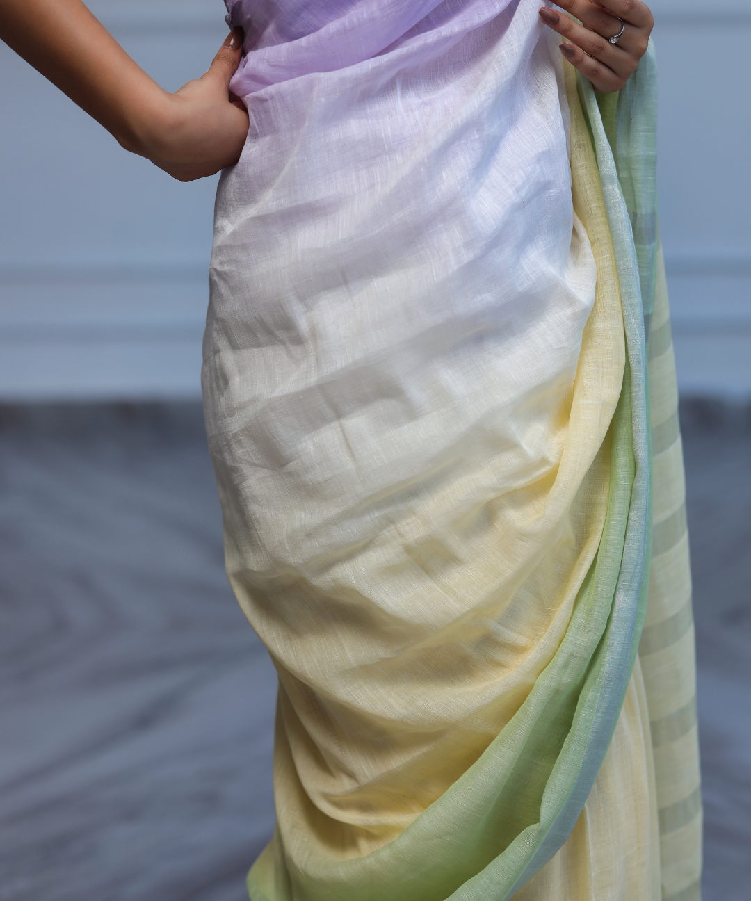 Mauve yellow green ombre linen zari saree