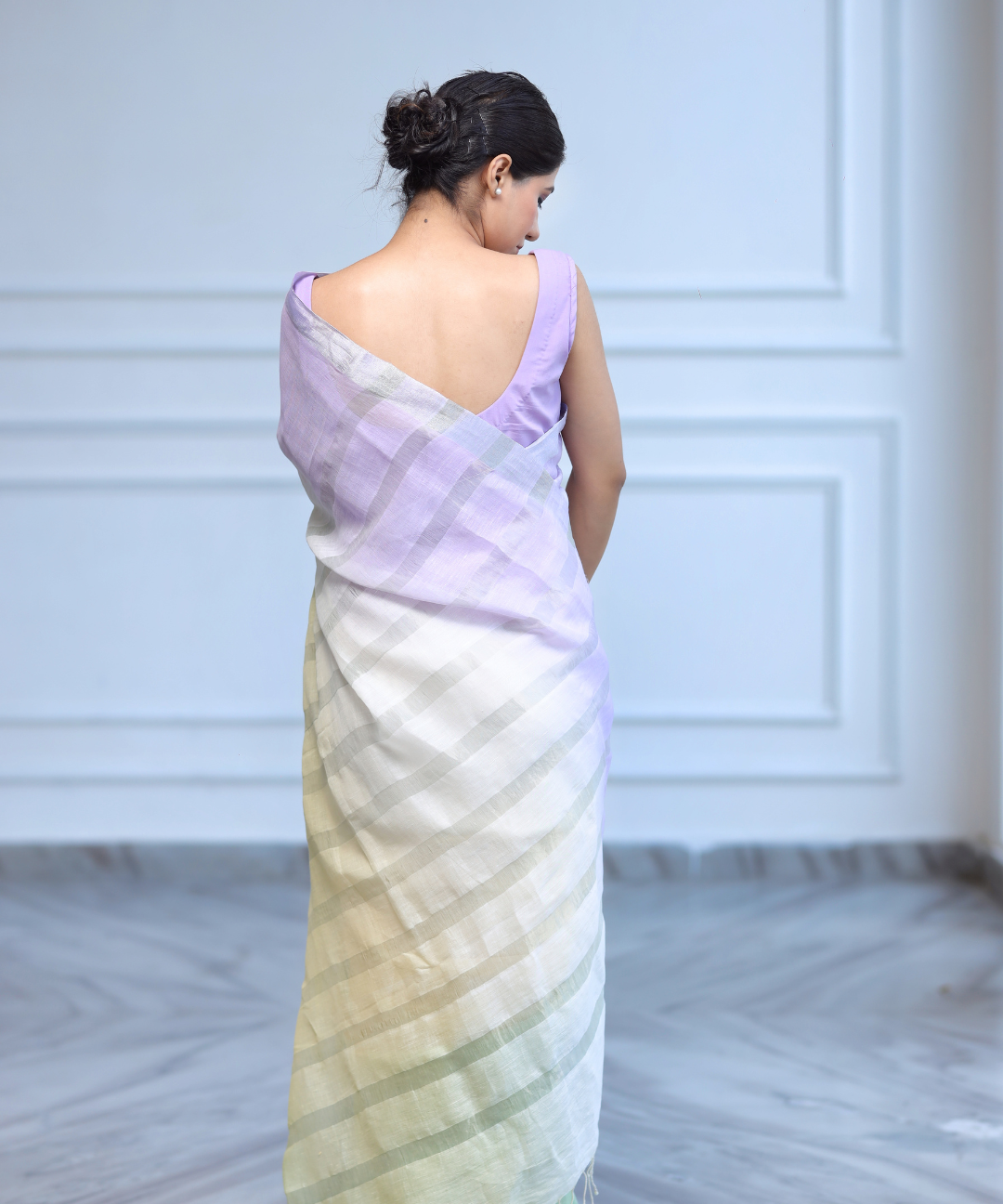 Mauve yellow green ombre linen zari saree