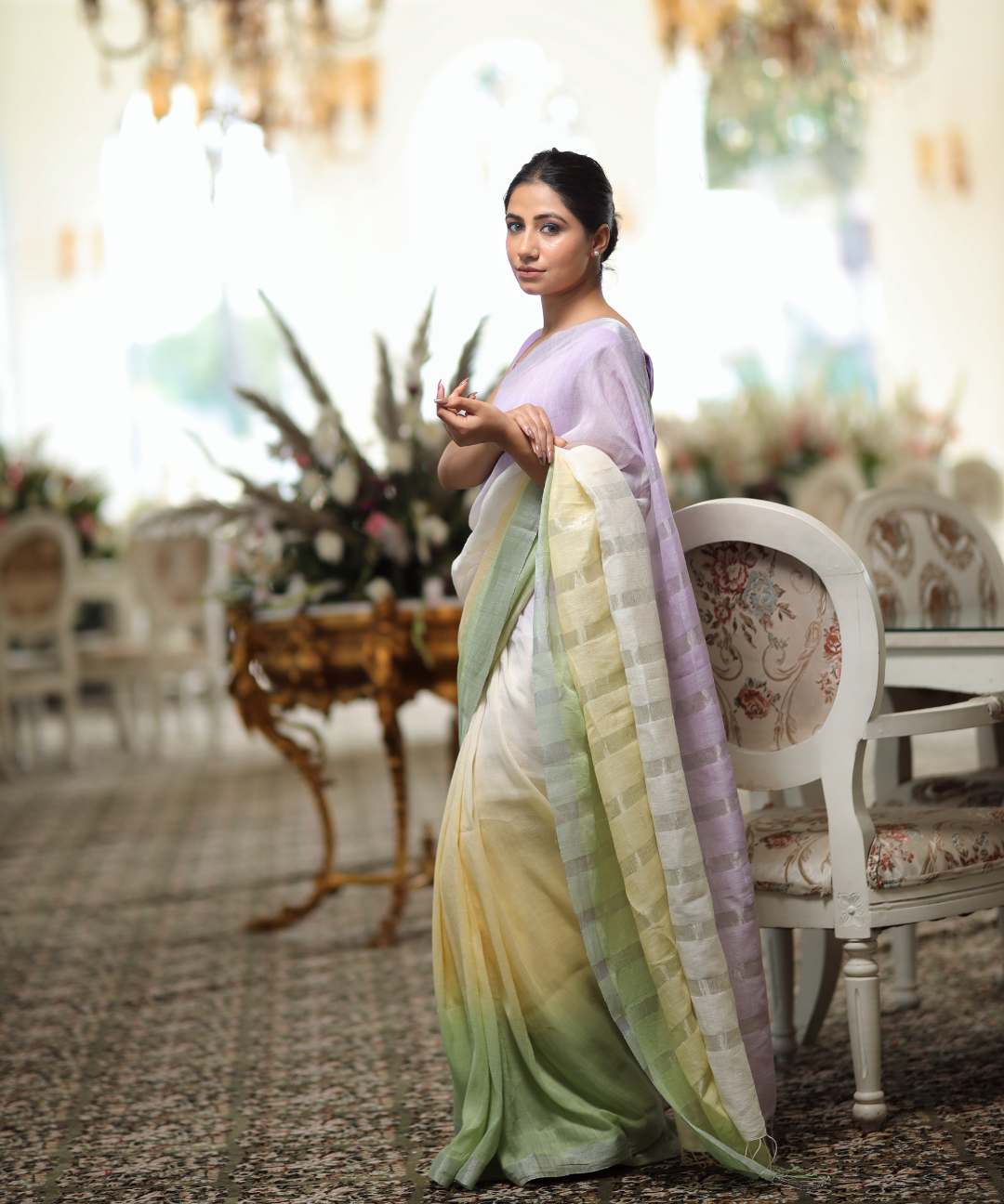 Mauve yellow green ombre linen zari saree