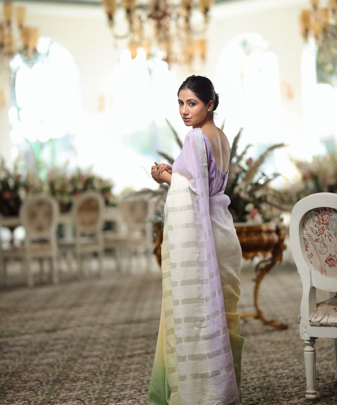 Mauve yellow green ombre linen zari saree