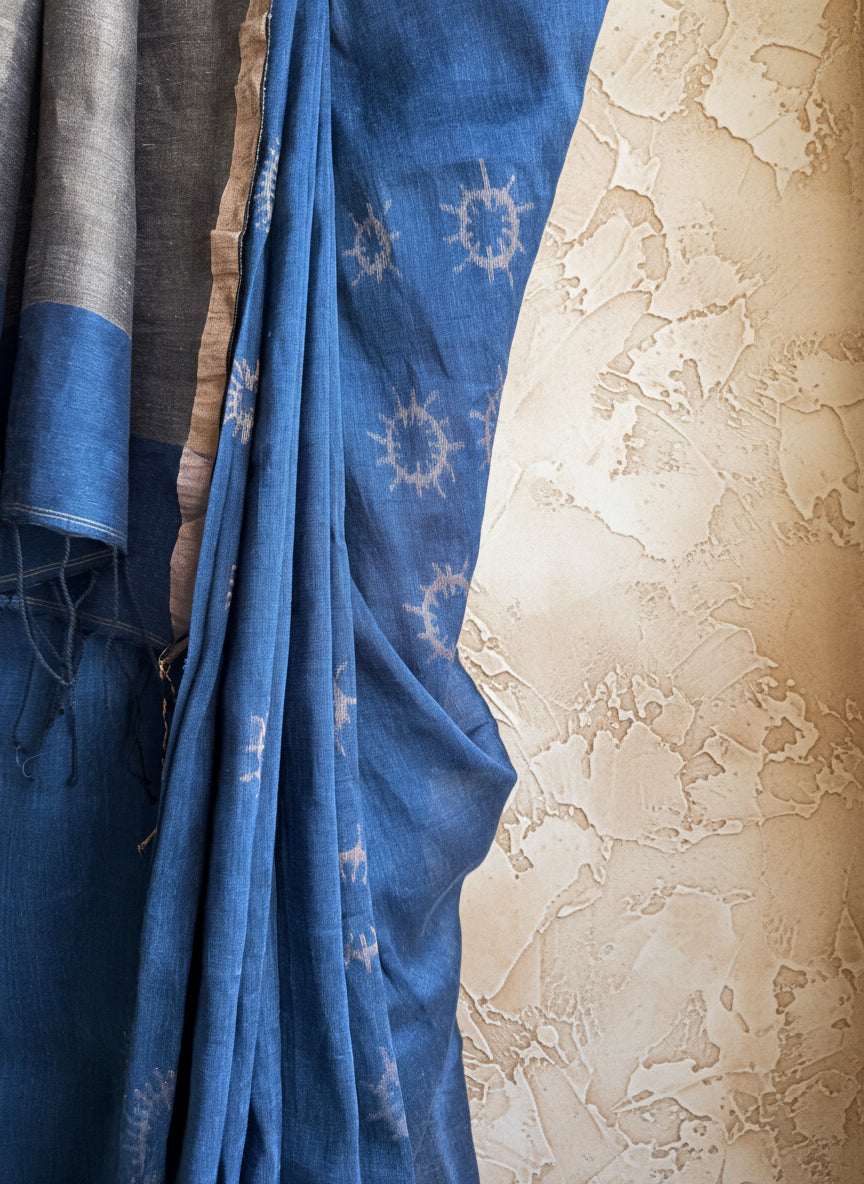 Blue jamdani linen saree