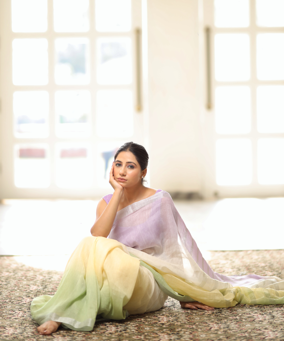 Mauve yellow green ombre linen zari saree