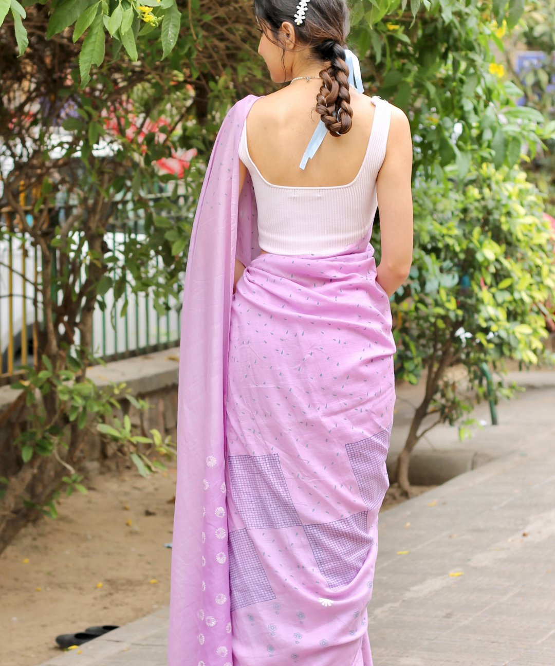 Lavender summer dew block printed mulmul saree