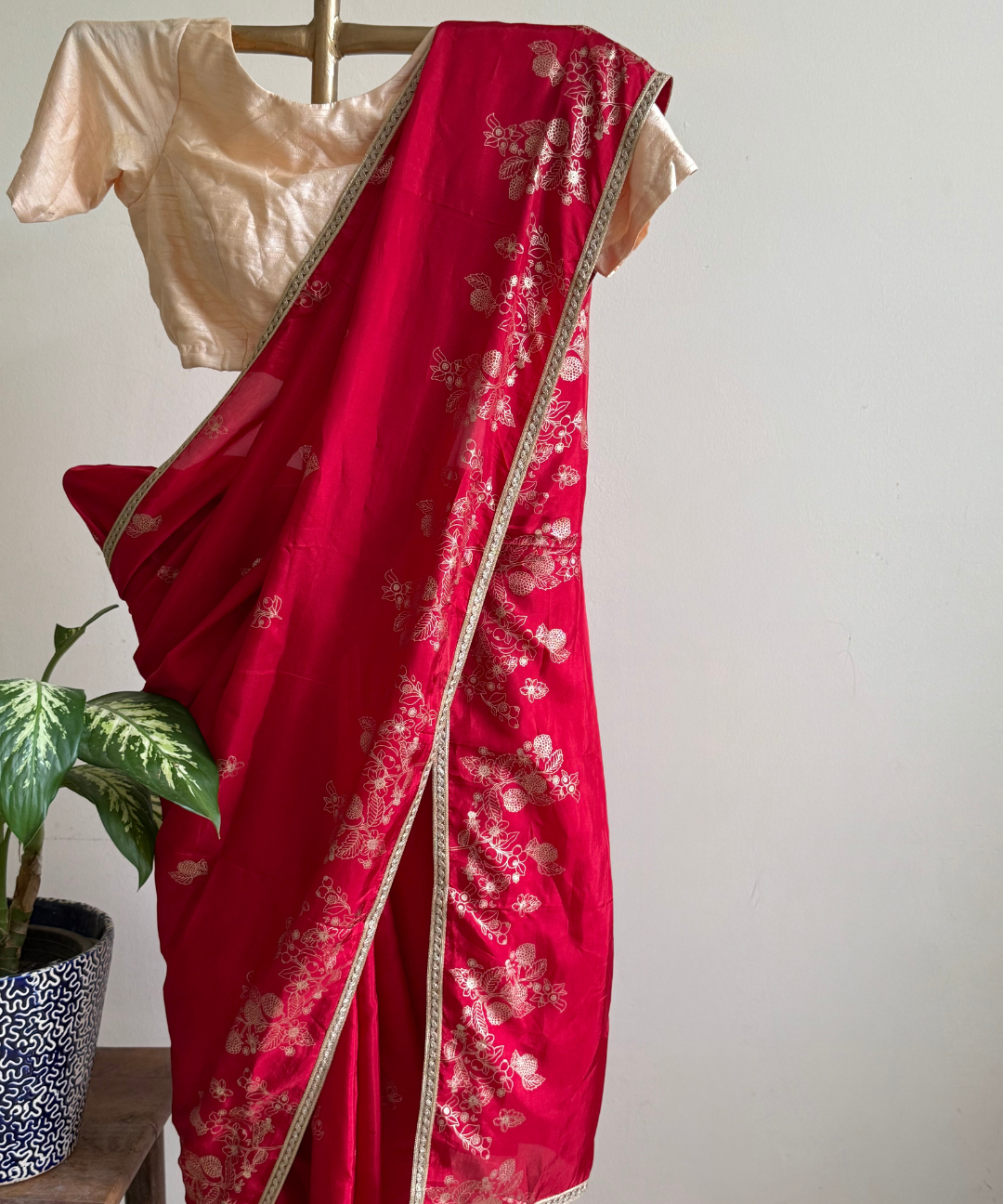 Red Hand Printed  Silk Saree