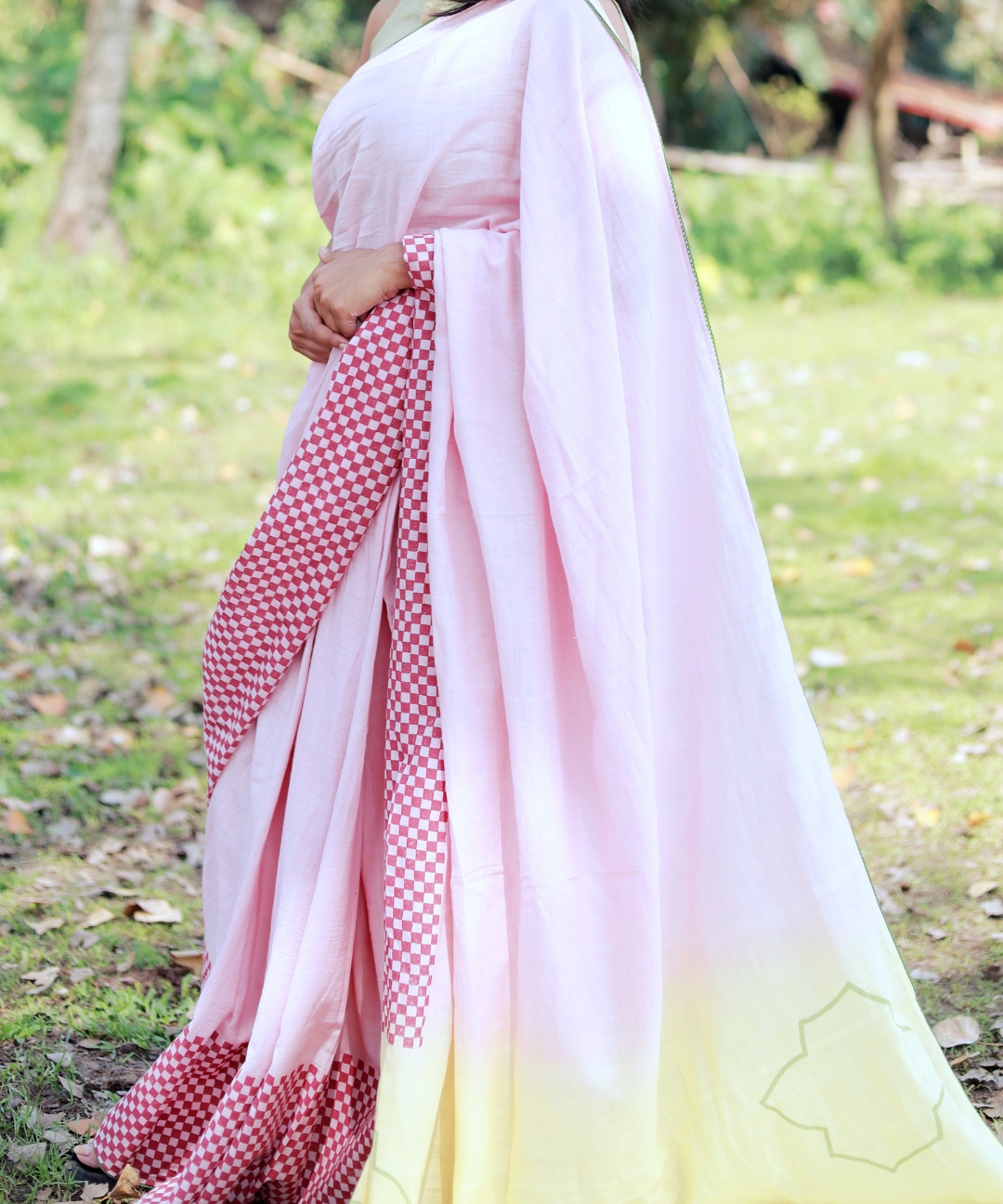 Pink yellow blockprinted khadi cotton saree