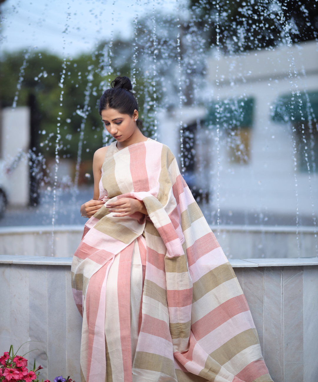 Multicolor striped handwoven linen zari saree