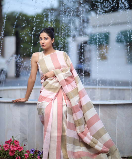Multicolor striped handwoven linen zari saree