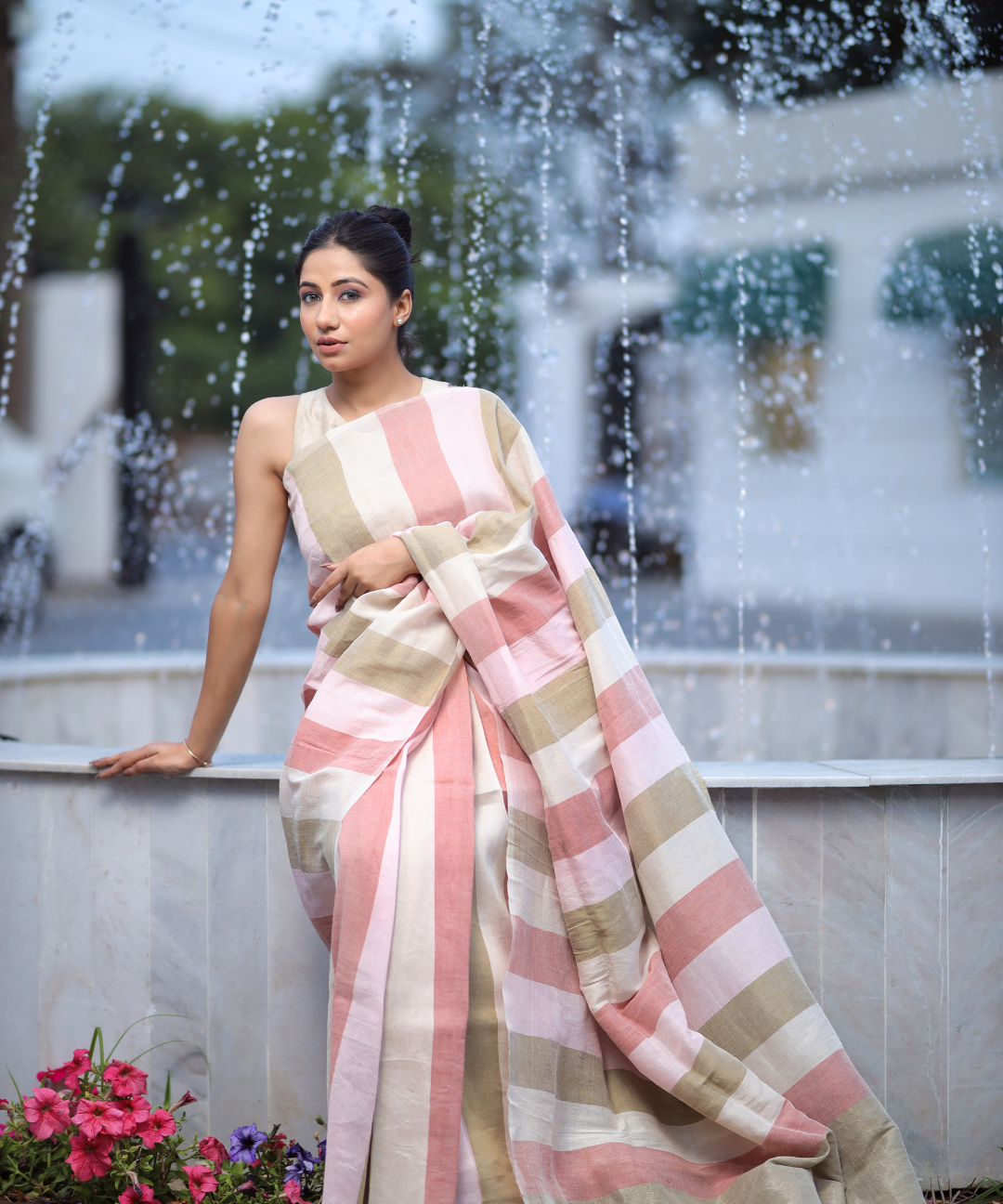 Multicolor striped handwoven linen zari saree