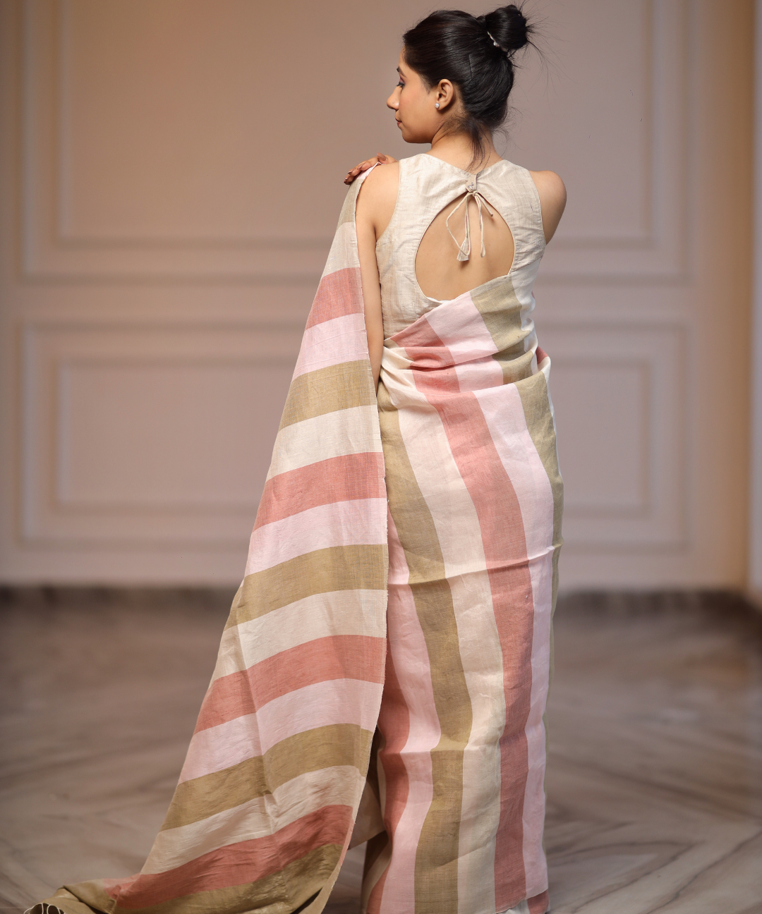 Multicolor striped handwoven linen zari saree