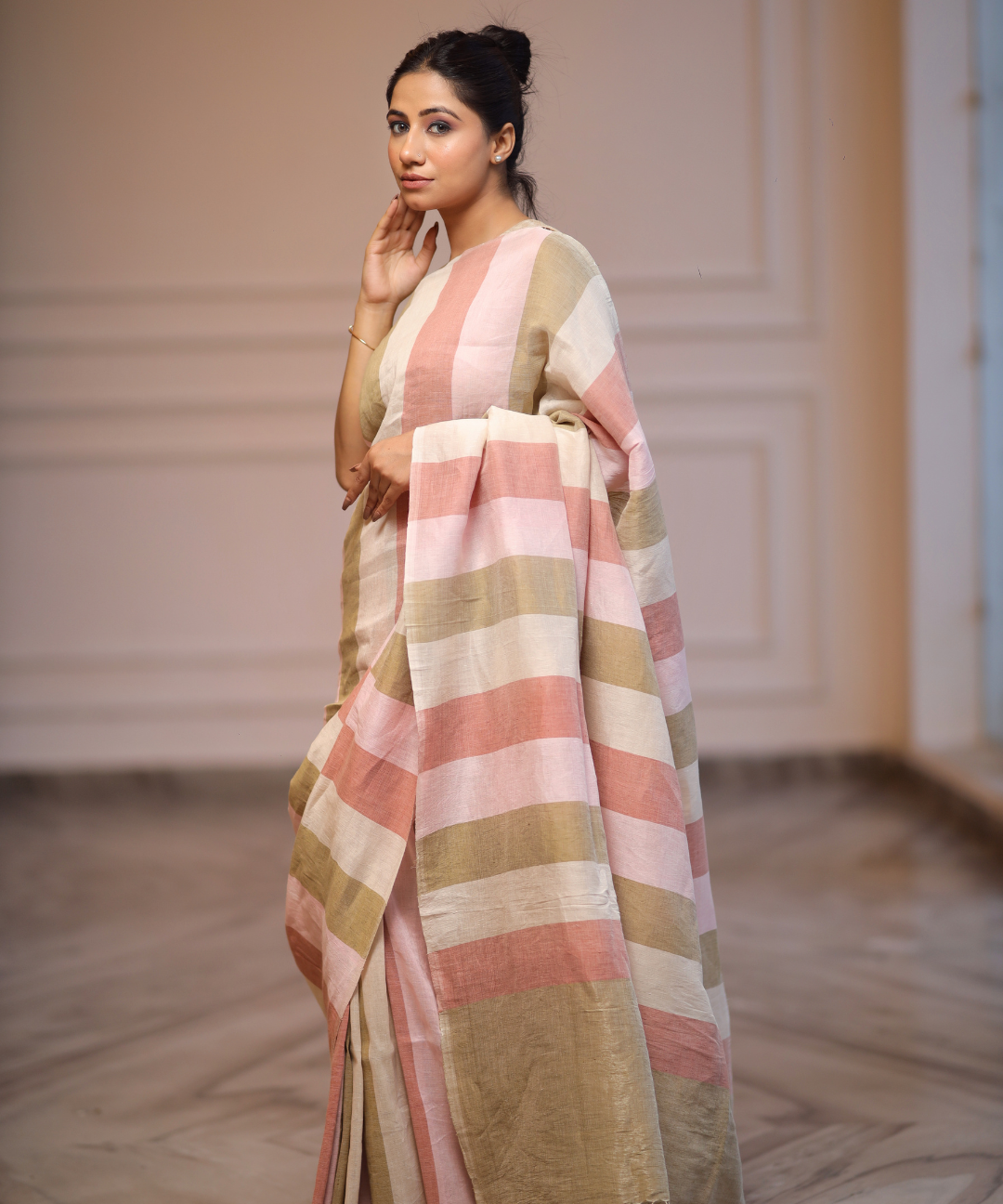 Multicolor striped handwoven linen zari saree
