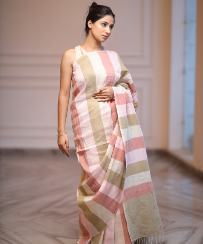 Multicolor striped handwoven linen zari saree