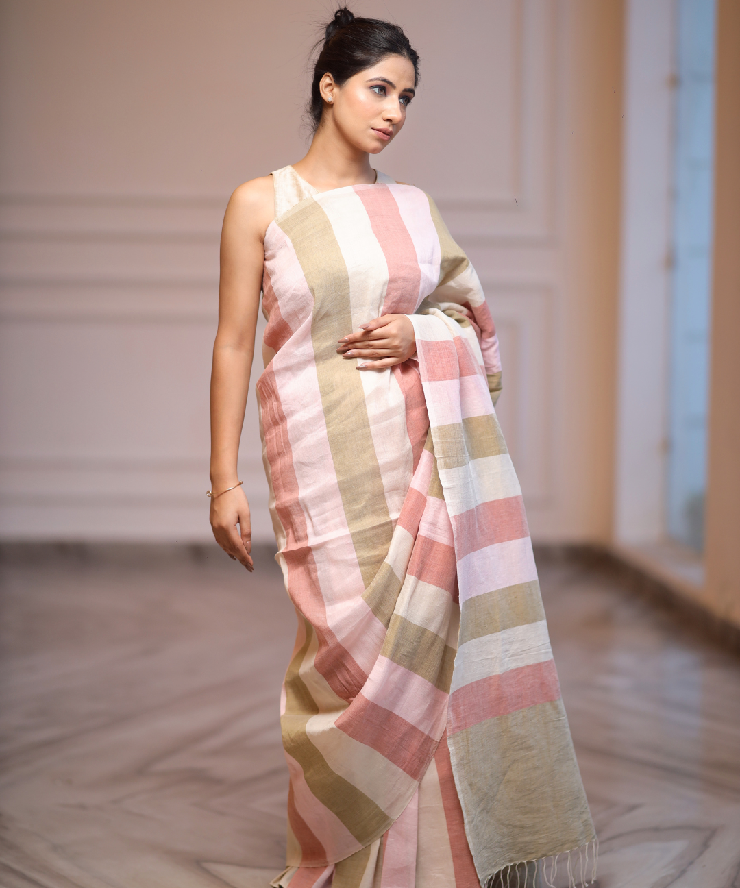 Multicolor striped handwoven linen zari saree