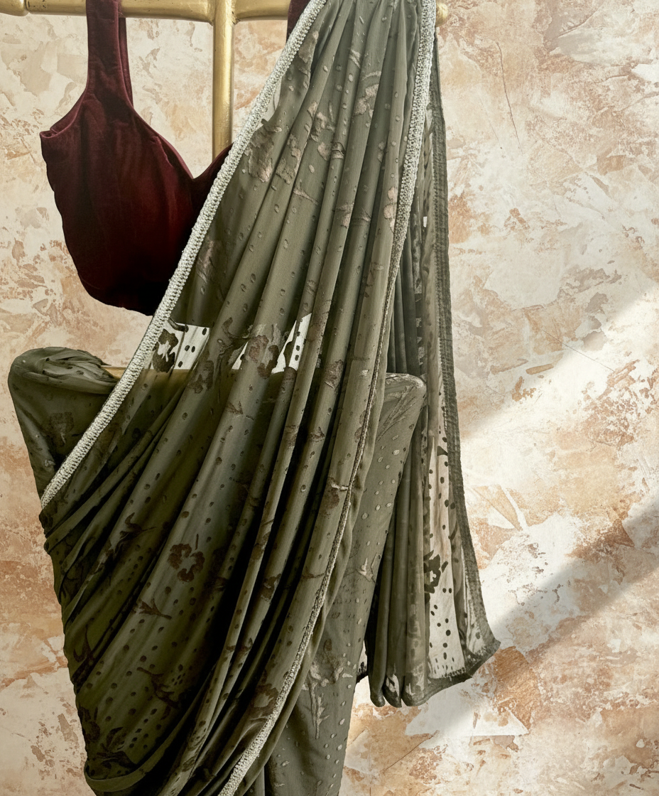 Olive Green Appliqué Saree