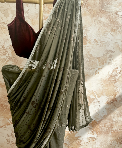 Olive Green Appliqué Saree