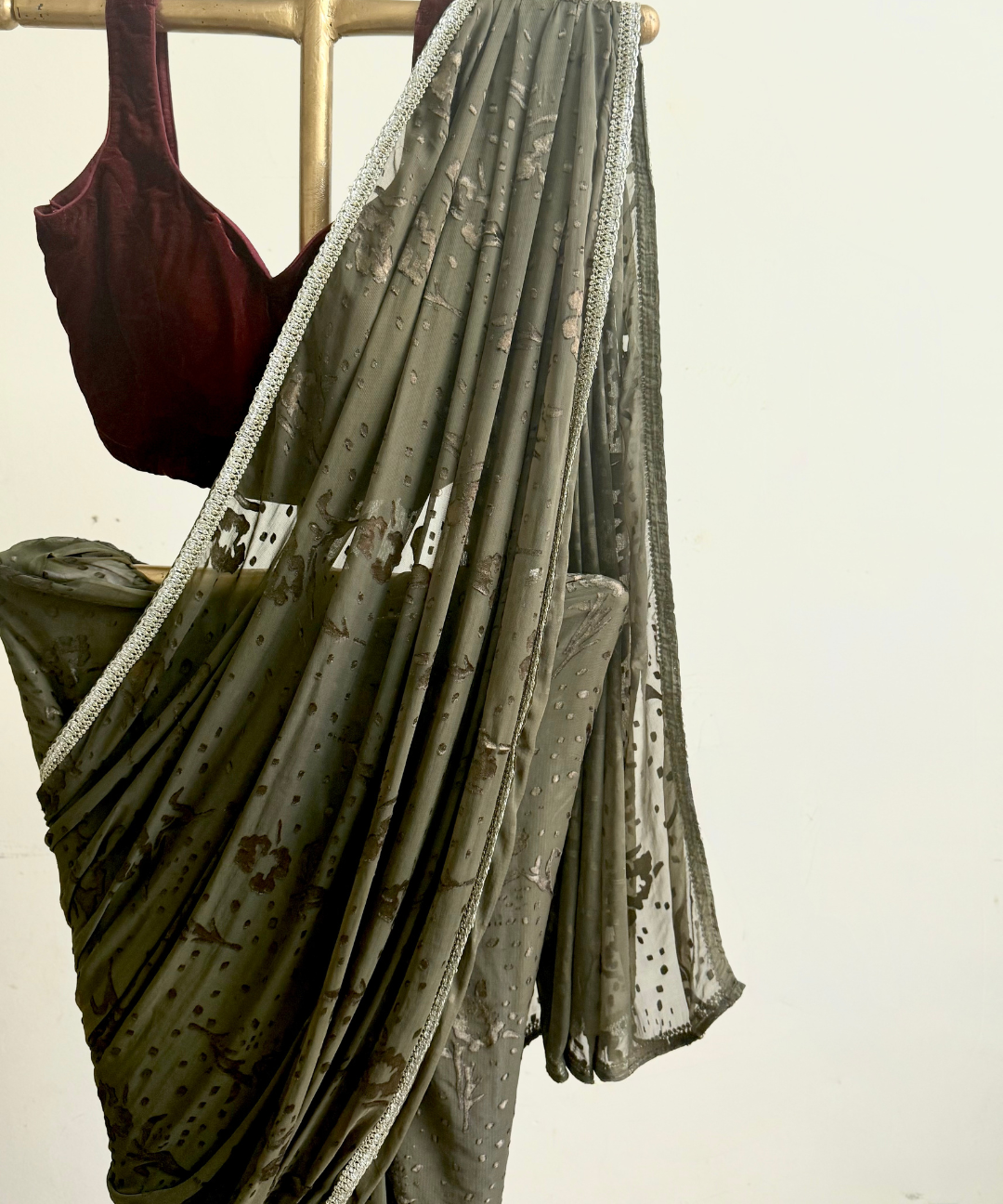 Olive Green Appliqué Saree