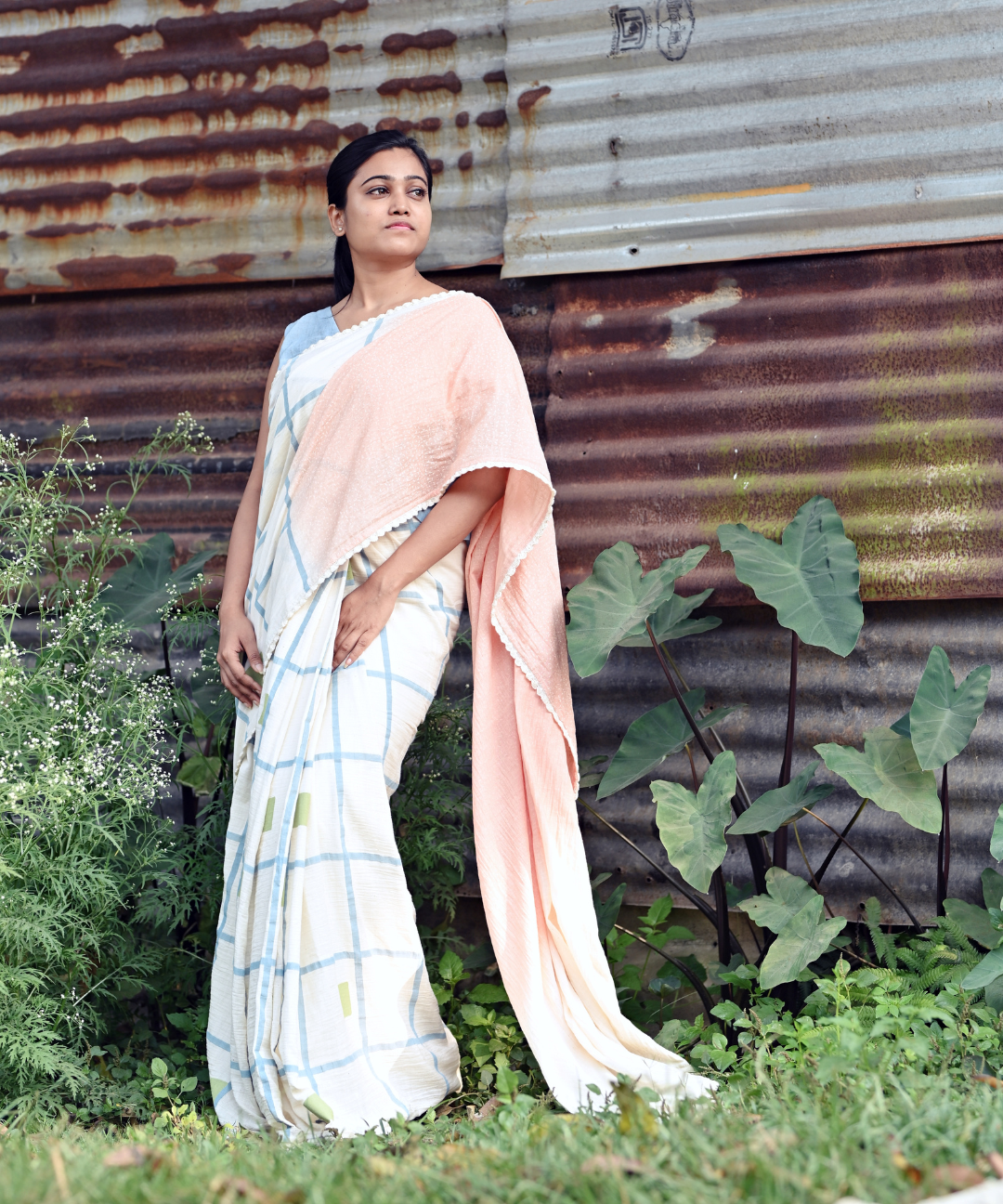 White peach blockprinted fine cotton saree