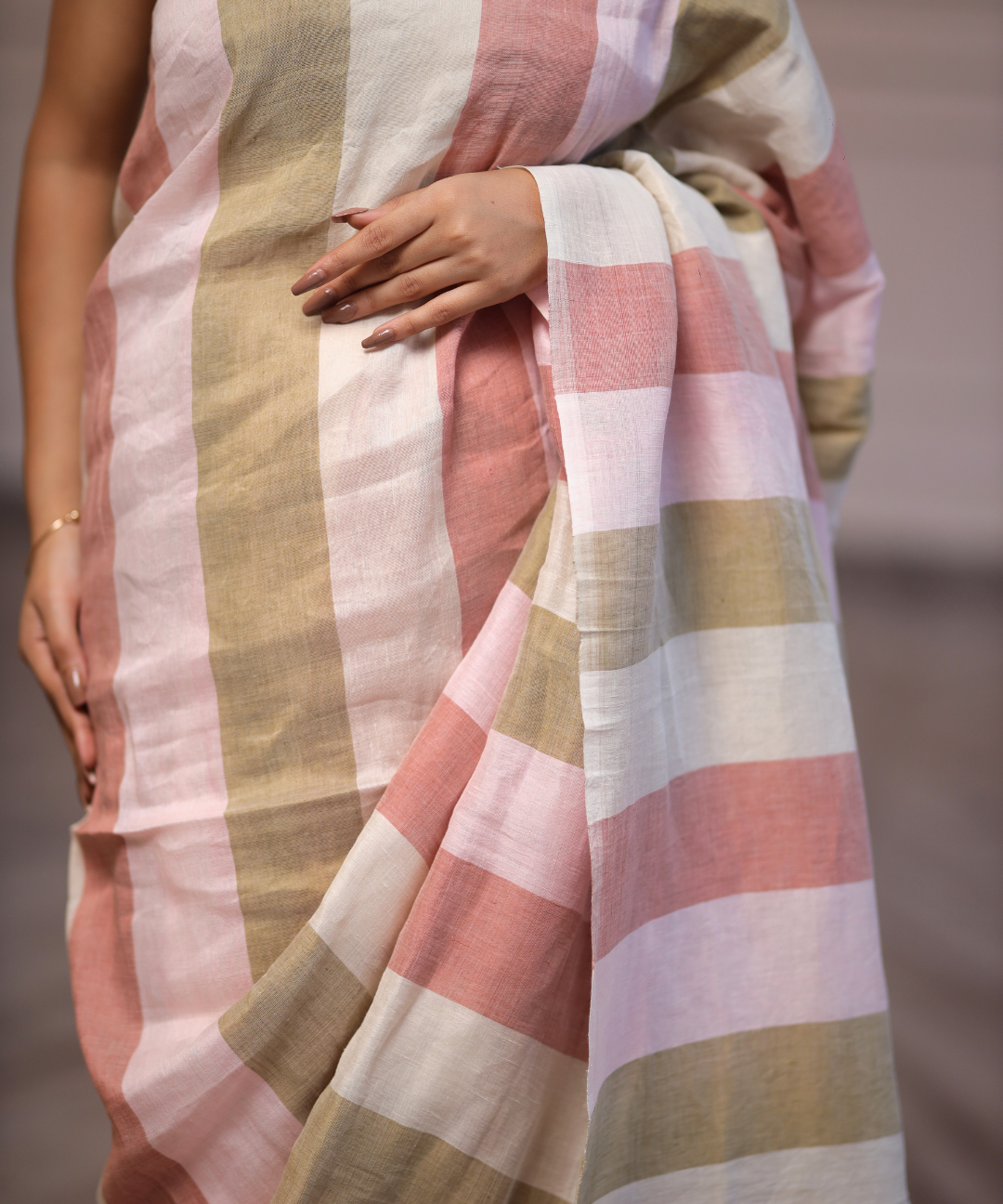 Multicolor striped handwoven linen zari saree