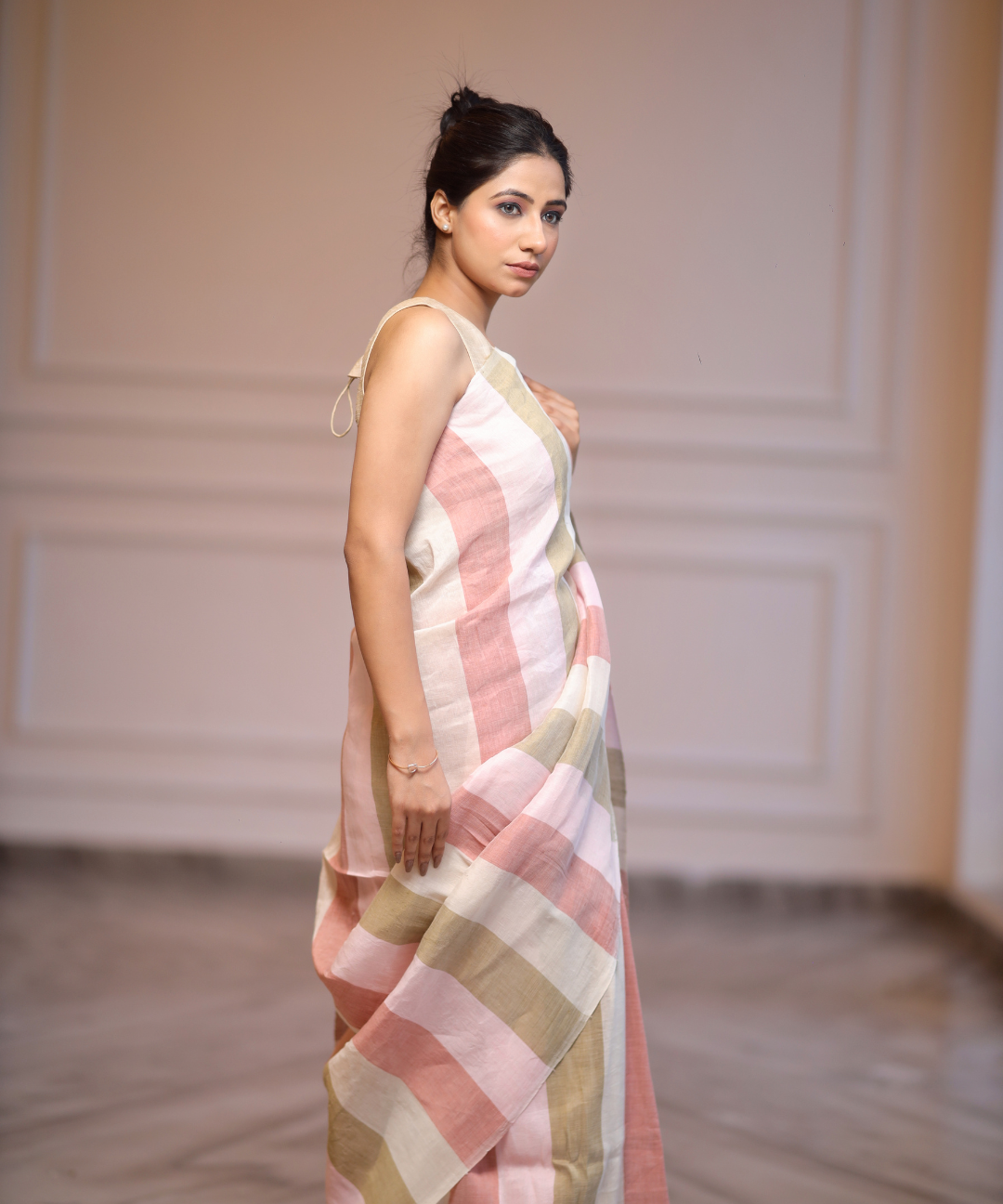 Multicolor striped handwoven linen zari saree