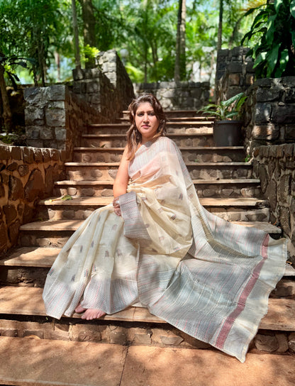 Off white chanderi cotton kantha saree