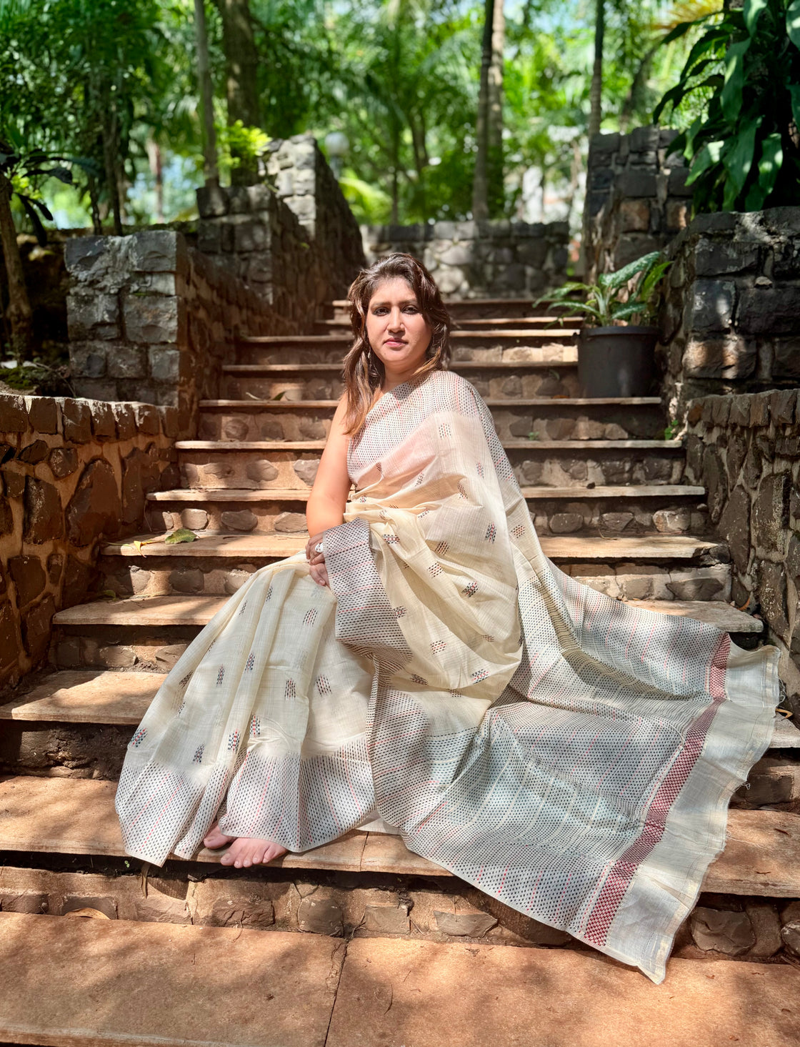 Off white chanderi cotton kantha saree