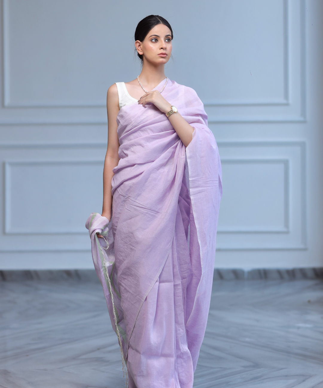 Lavender handwoven linen saree