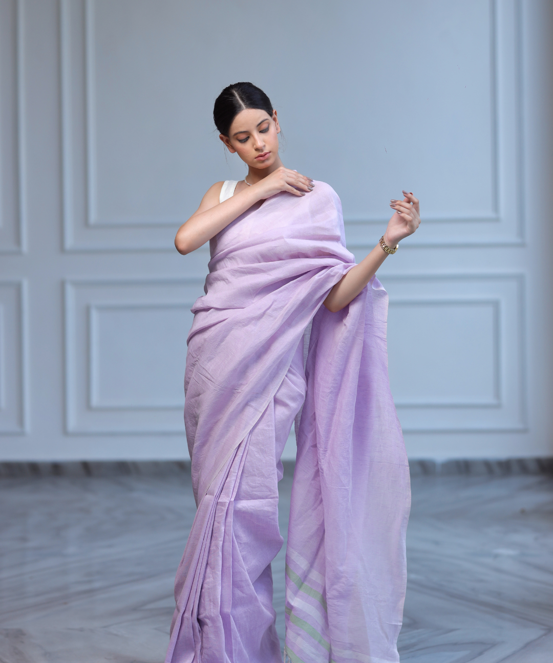 Lavender handwoven linen saree