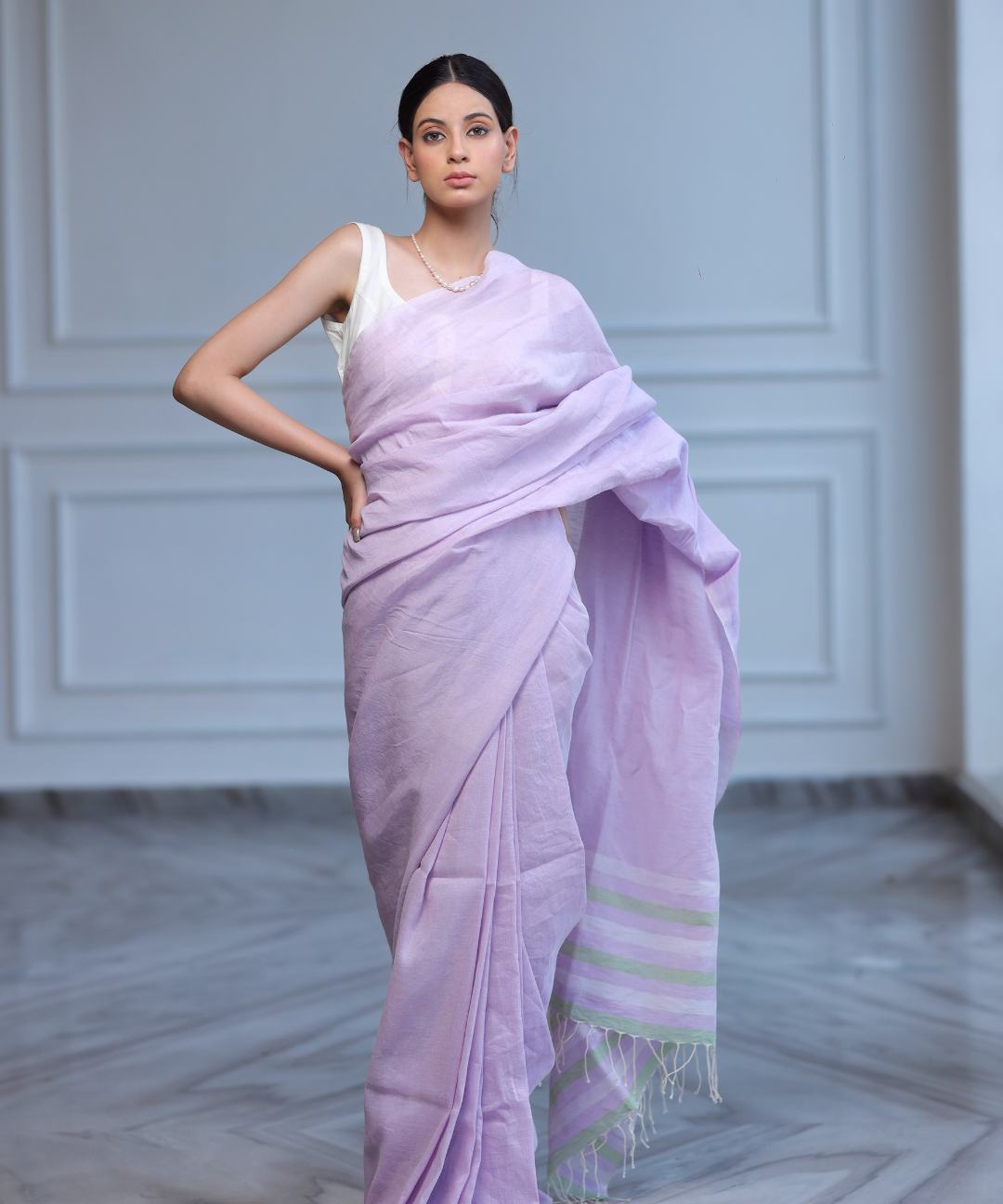 Lavender handwoven linen saree