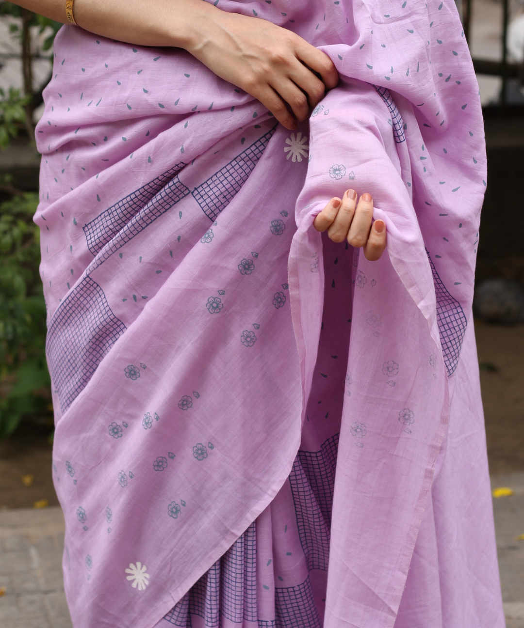Lavender summer dew block printed mulmul saree