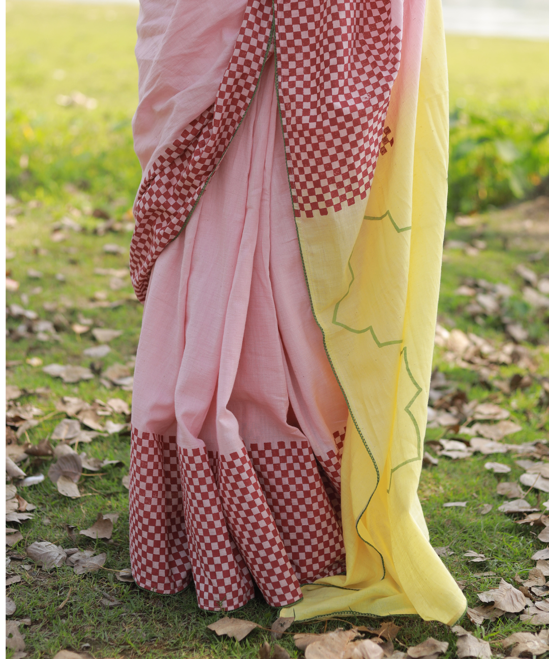 Pink yellow blockprinted khadi cotton saree