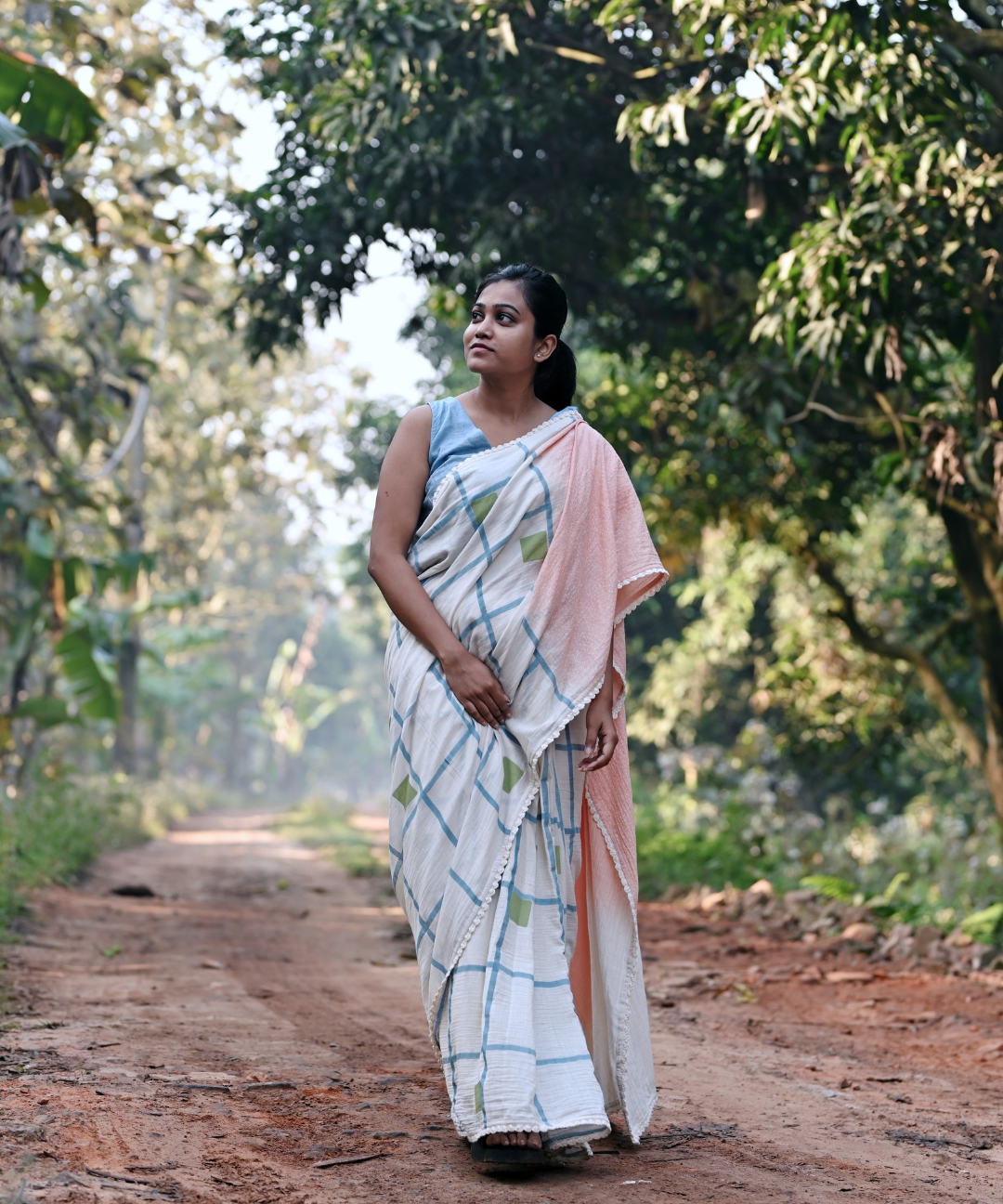 White peach blockprinted fine cotton saree