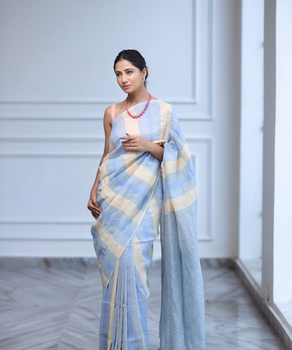 Blue striped handwoven linen saree
