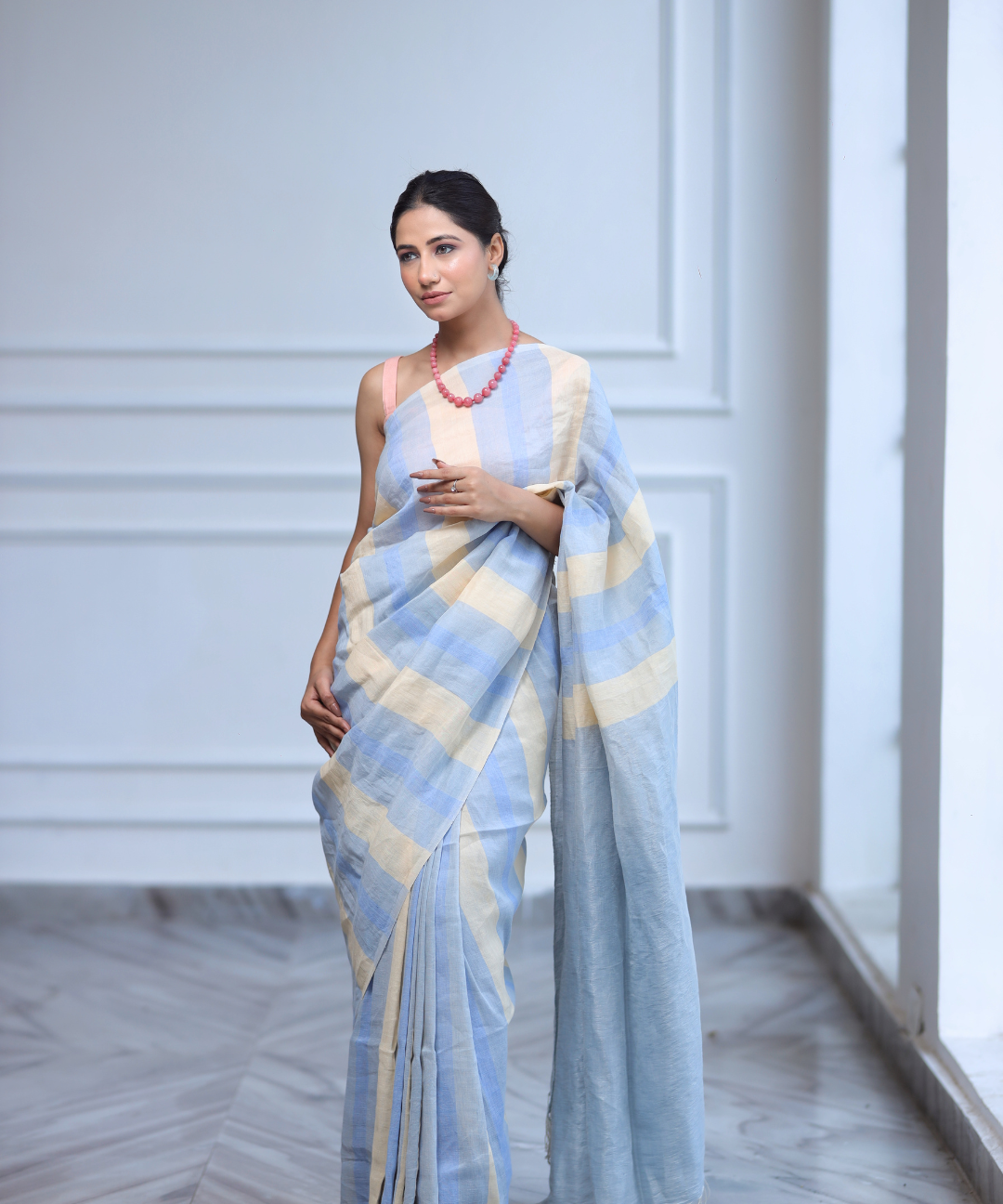 Blue striped handwoven linen zari saree