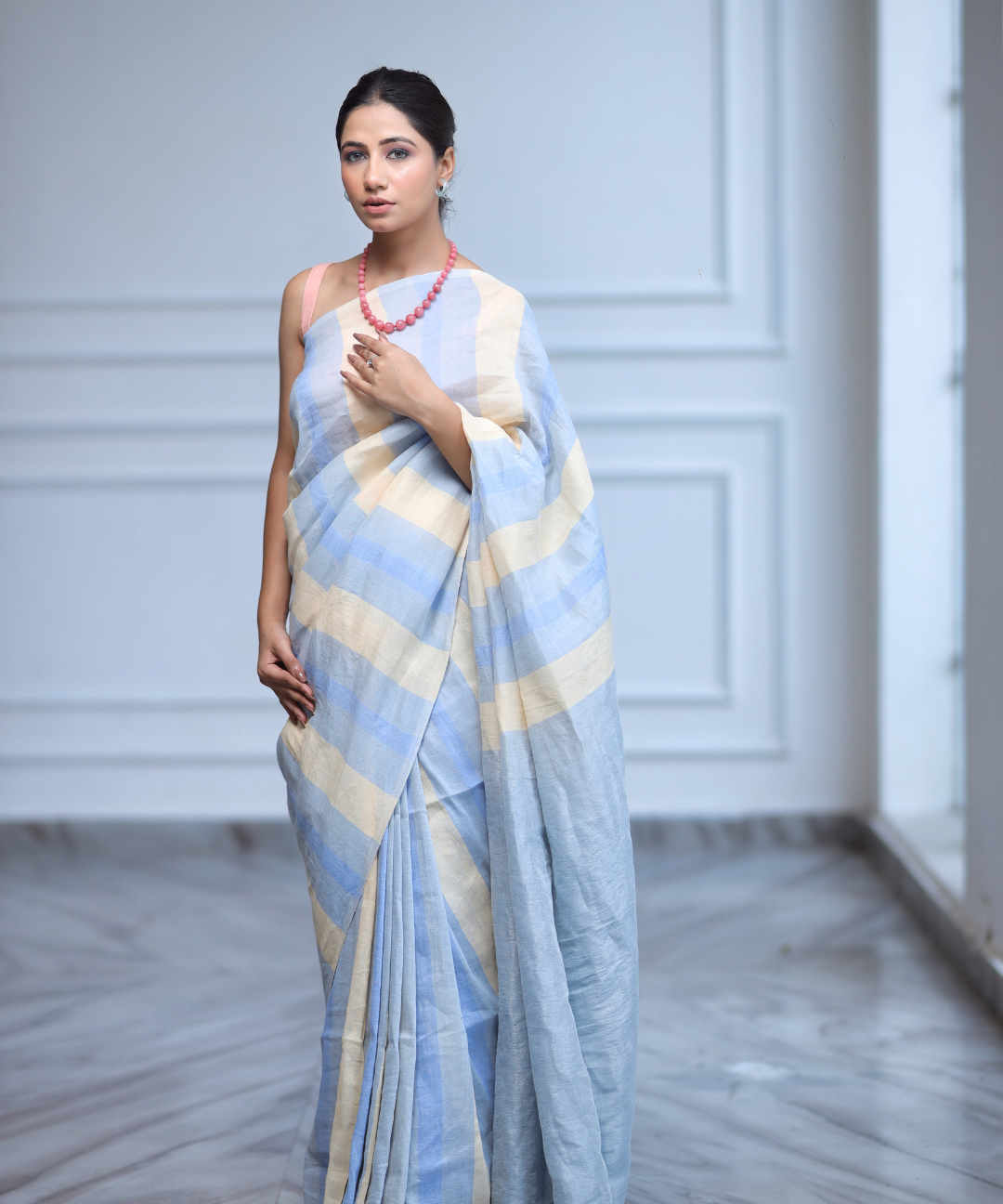 Blue striped handwoven linen zari saree