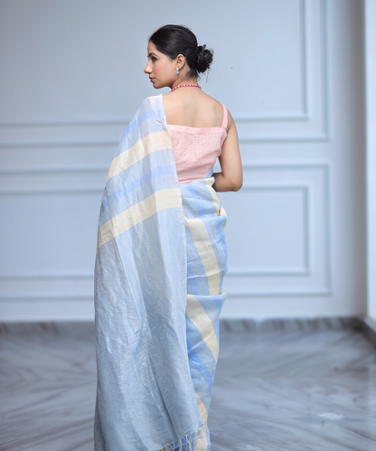 Blue striped handwoven linen saree