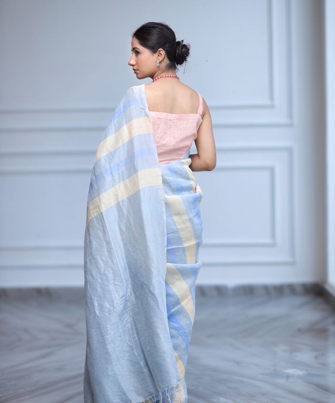 Blue striped handwoven linen zari saree