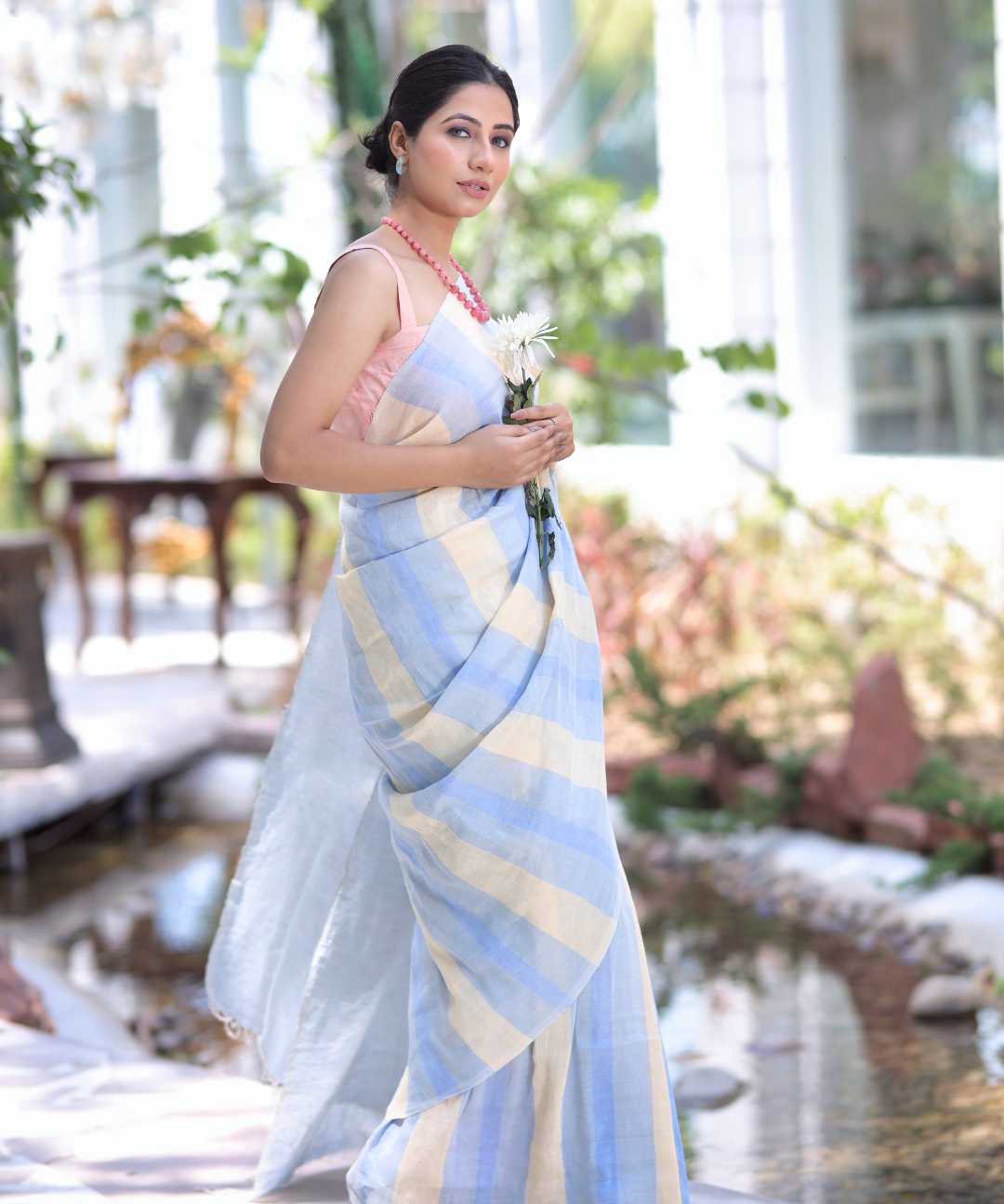 Blue striped handwoven linen zari saree