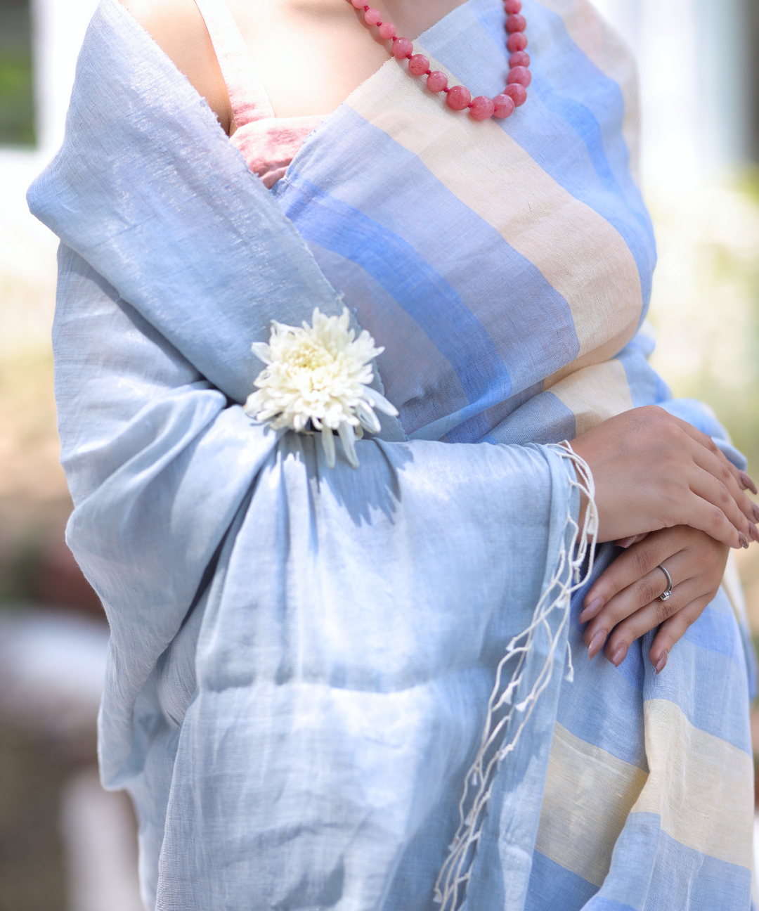 Blue striped handwoven linen zari saree