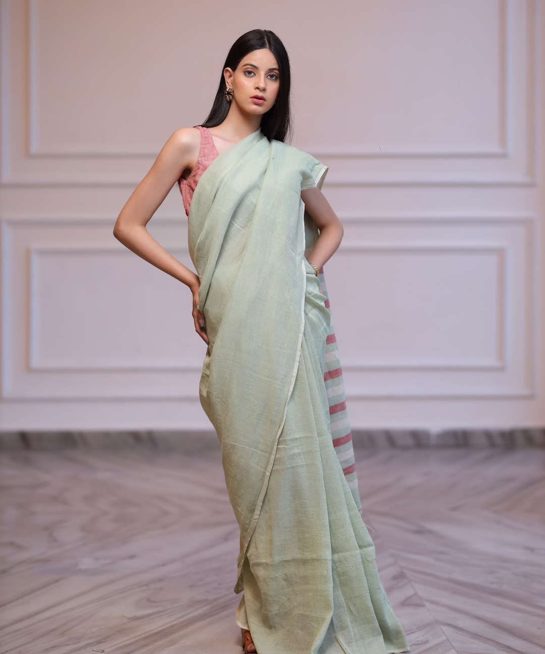 Sage green handwoven linen saree