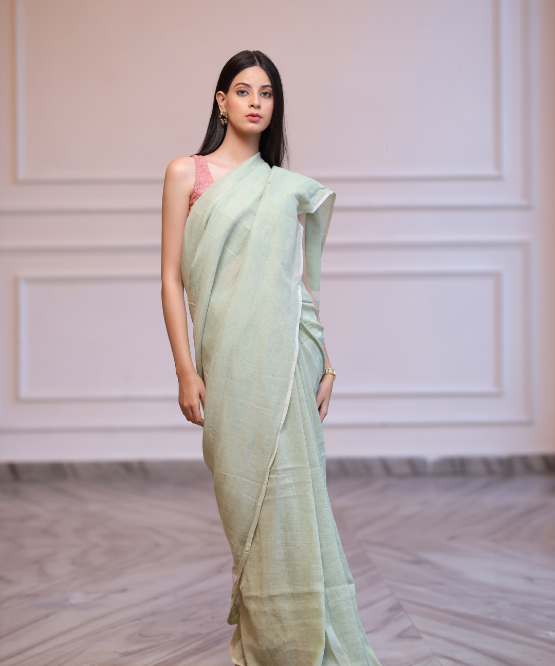 Sage green handwoven linen saree