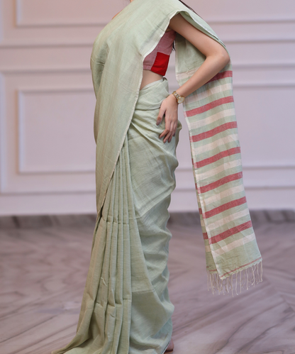 Sage green handwoven linen saree
